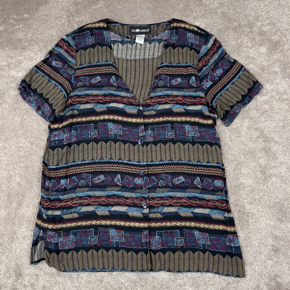 Sag Harbor Size M Multicolor Aztec Print Rayon Button Up Blouse Vintage 90s Boho